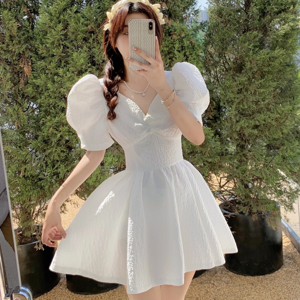 White Puff Sleeve Mini Dress